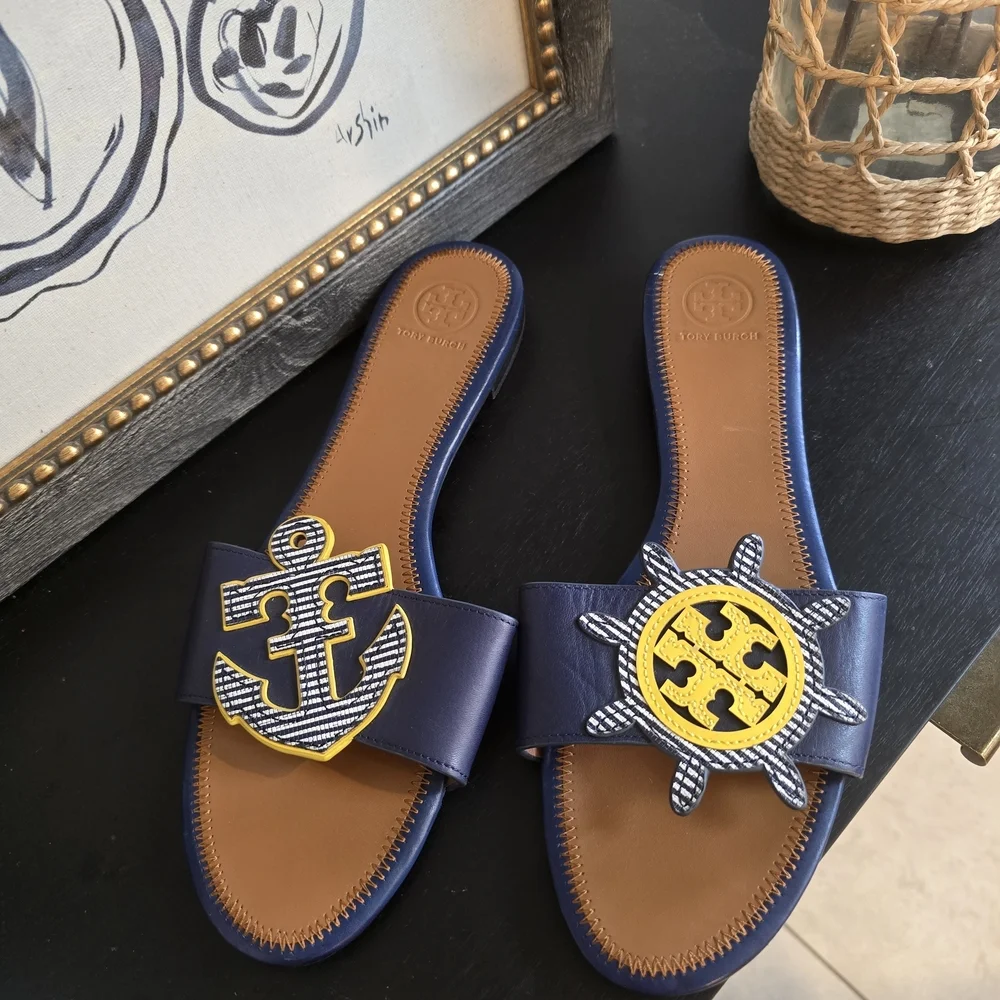 Tory Burch Navy Leather Maritime Slide Sandals 10